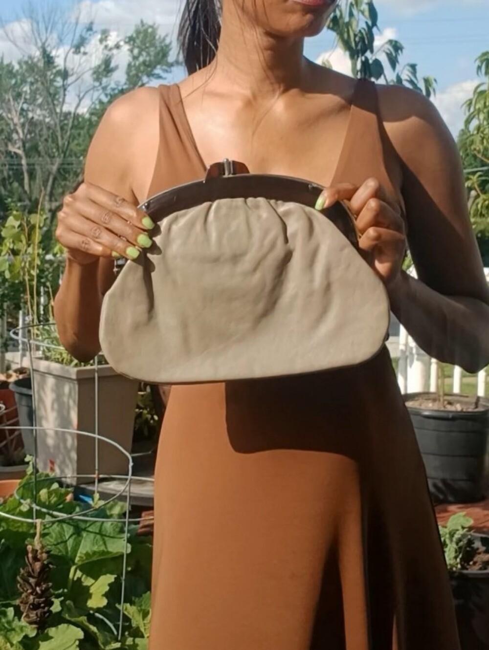 Neutral Taupe Leather Frame Clutch Wristlet